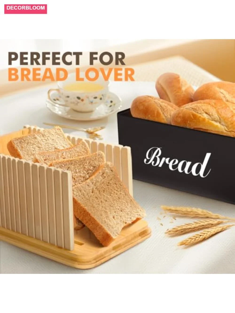 3-in-1 Bread Slicer with Bamboo Lid, Metal Bread Box Storage, Adjustable Loaf
